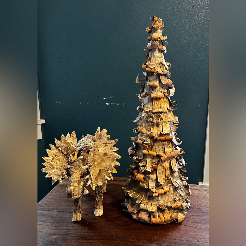 23" birch bark Christmas tree and 11" x 14" birch bark moose rustic Lodge decor